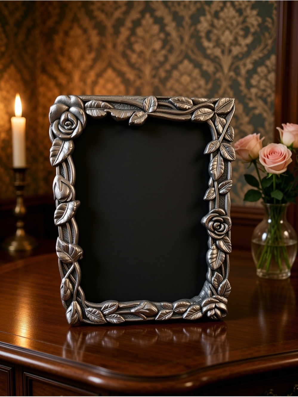 Vintage Weston Gallery Pewter Photo Frame 4X5 Sculpted Rose Blossoms & Buds*
